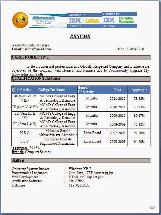 Fresher sample resume download